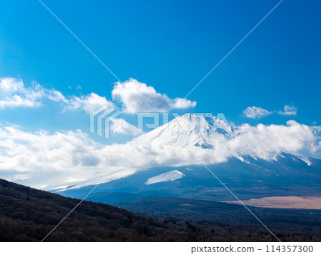 Mount Fuji in early spring: View from the observation deck on the Lake Yamanaka side 114357300