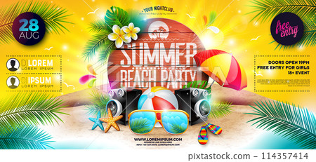 Summer Beach Party Banner Flyer Design with Sunglasses and Beach Ball on Tropical Island with Typography Lettering on Vintage Wood Board Background. Vector Summer Holiday Illustration with Exotic Palm Summer Beach Party Banner Flyer Design with Sunglasses and Beach Ball on Tropical Island with Typography Lettering on Vintage Wood Board Background. Vector Summer Holiday Illustration with Exotic Palm 114357414