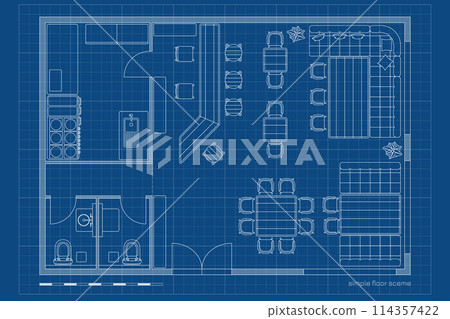 Restaurant outline floor plan. Architectural cafe drawing. Bar interior scheme. Industrial linear map. Pub technical blueprint. Modern ground floorplan 114357422
