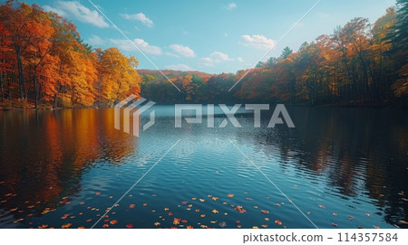 Mountain Lake Surrounded by Trees 114357584