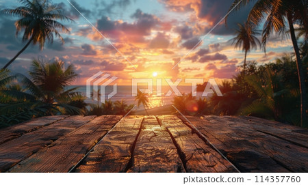 Wooden Table Overlooking Ocean 114357760