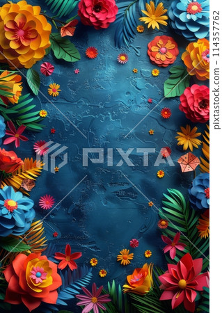 Blue Background With Colorful Flowers and Leaves 114357762