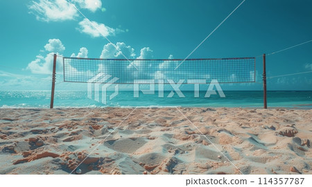 Volleyball Net on Sandy Beach by Ocean Volleyball Net on Sandy Beach by Ocean 114357787