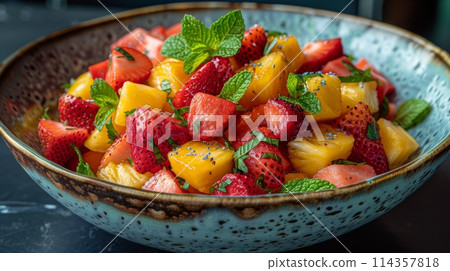 Bowl of Fruit Salad on Wooden Table 114357818