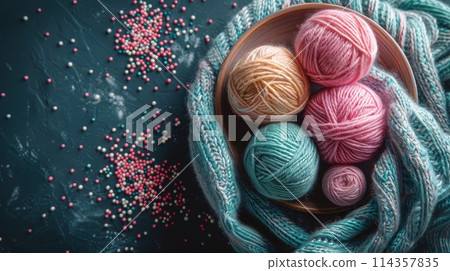 Three Balls of Yarn Stacked 114357835
