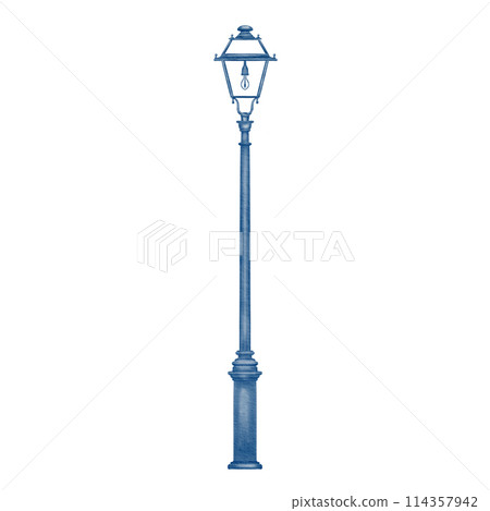 Old fashioned vintage iron city street lamp post or lantern in monochrome blue and white colors. Watercolor illustration isolated on white background. 114357942