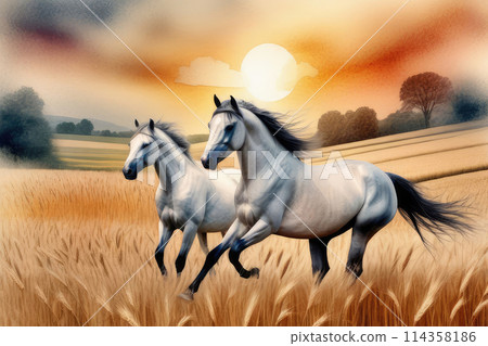 Beautiful horse galloping lush wheat field in motion blur. 114358186