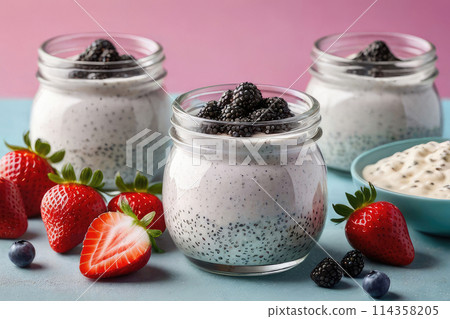 Delicious chia pudding yogurt with strawberry sauce and strawberry in glass jar on a pastel background, summer dessert. Delicious chia pudding yogurt with strawberry sauce and strawberry in glass jar on a pastel background, summer dessert. 114358205