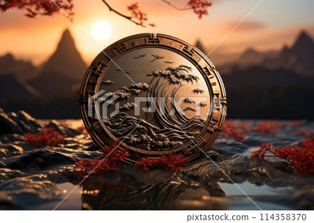 Japanese Coin With Intricate Symbols Beside Blooming Cherry Blossoms Japanese Coin With Intricate Symbols Beside Blooming Cherry Blossoms 114358370