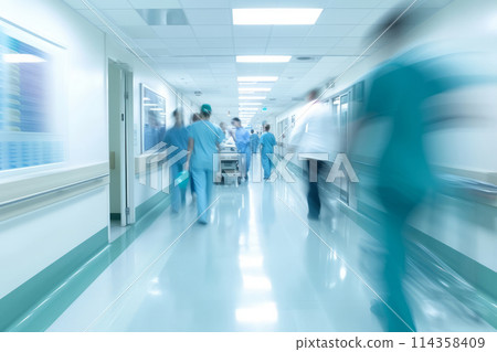 Doctors and medical staff walk down in hospital Doctors and medical staff walk down in hospital 114358409