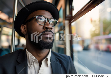 Black business man rides bus to work 114358437