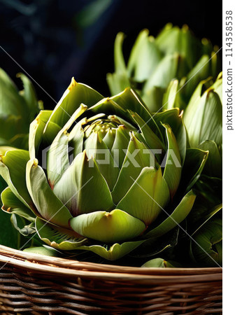 Harvest fresh artichoke, a basket full of artichoke. 114358538