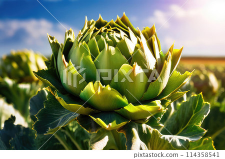 Hand picking harvest fresh artichoke, in the plantation area. 114358541