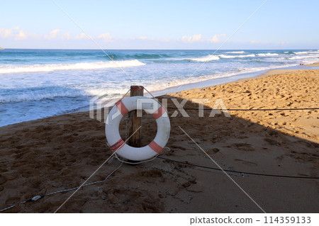 Sandy beach on the shores of the Mediterranean Sea in northern Israel. 114359133