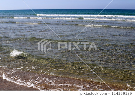 Sandy beach on the shores of the Mediterranean Sea in northern Israel. 114359189