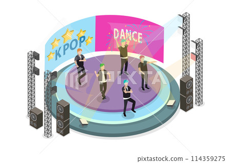3D Isometric Flat  Conceptual Illustration of Kpop Perfomance, Dancing and Singing on Stage 114359275