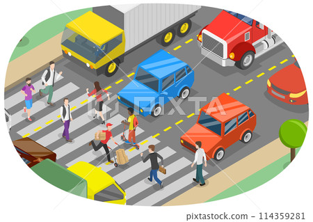 3D Isometric Flat Conceptual Illustration of Busy City, Crosswalk with Pedestrians 3D Isometric Flat Conceptual Illustration of Busy City, Crosswalk with Pedestrians 114359281