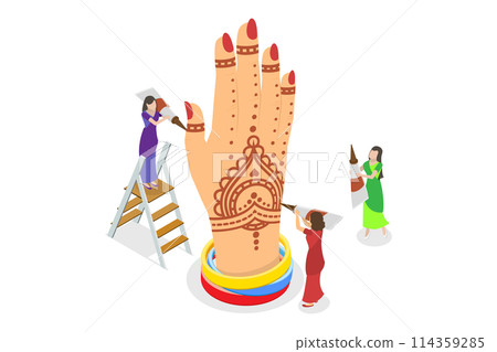 3D Isometric Flat  Conceptual Illustration of Mehndi, Indian Body Art 114359285