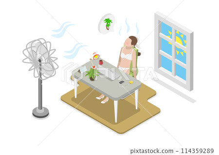 3D Isometric Flat  Conceptual Illustration of Overheating, High Temperature and Hot Weather 114359289