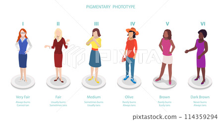 3D Isometric Flat  Conceptual Illustration of Pigmentary Phototype, Fitzpatrick Skin Tone 114359294