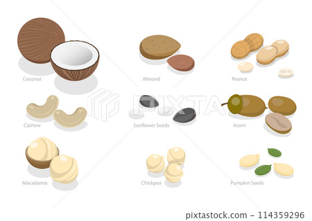 3D Isometric Flat  Set of Nuts and Beans, Healthy Nutrition and Vitamins 114359296