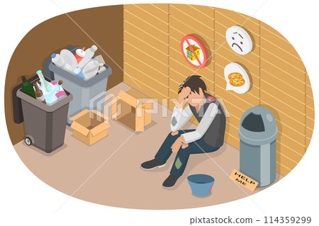 3D Isometric Flat  Conceptual Illustration of Homeless Poor Man, Poverty 114359299