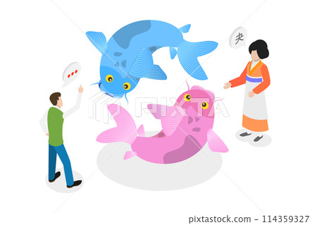 3D Isometric Flat  Conceptual Illustration of Japanese Philosophy, Koi Fish 114359327