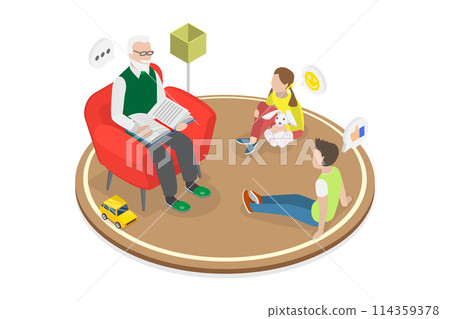 3D Isometric Flat Conceptual Illustration of Grandfather Story, Visiting Grandparents 3D Isometric Flat Conceptual Illustration of Grandfather Story, Visiting Grandparents 114359378
