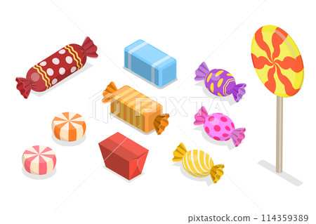 3D Isometric Flat Set of Candies, Caramel Sweet Lollipops 3D Isometric Flat Set of Candies, Caramel Sweet Lollipops 114359389
