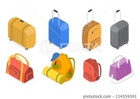 3D Isometric Flat Set of Travel Luggage Types, Journey and Adventure Baggage 3D Isometric Flat Set of Travel Luggage Types, Journey and Adventure Baggage 114359391