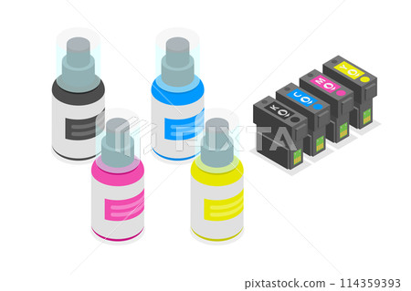 3D Isometric Flat Conceptual Illustration of Refilling CMYK Cartridge, Bottles with Ink 3D Isometric Flat Conceptual Illustration of Refilling CMYK Cartridge, Bottles with Ink 114359393
