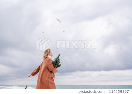 Blond woman Christmas tree sea. Christmas portrait of a happy woman walking along the beach and holding a Christmas tree on her shoulder. She is wearing a brown coat and a white suit. Blond woman Christmas tree sea. Christmas portrait of a happy woman walking along the beach and holding a Christmas tree on her shoulder. She is wearing a brown coat and a white suit. 114359397