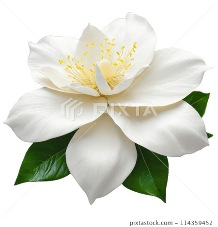 White gardenia large waxy petals creamy color central cluster of stamens Gardenia jasminoides 114359452