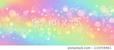 Rainbow unicorn background. Pastel sky with glitter and stars. Colored magic galaxy. Cute vector purple space with fairy sparkles and bokeh. Gradient space illustration. 114359461