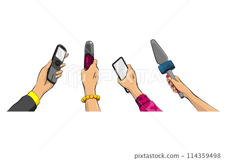 Journalist in pop art comic style, hand hold microphone. Set of voice recorder in hand of reporters. Press conference or interview, mass media news in cartoon vector illustration 114359498
