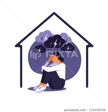 Domestic violence against women concept. Woman sits alone at home under rainy stormy cloud. Her embraces her body in pain. Flat. 114359536