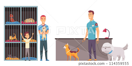 Animal shelter homeless pets, adoption banner layout. Finding new house for pet and homeless domestic animals care. Colorful vector illustration in flat cartoon style 114359555