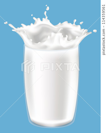 Realistic milk splash in a glass vector illustration. Milk poured into glass on a blue background Realistic milk splash in a glass vector illustration. Milk poured into glass on a blue background 114359561