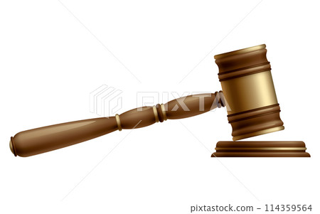 Wooden brown judge gavel, decision glossy mallet for court verdict. 3d realistic vector, isolated on white background. Auction hammer with gold on the stand. Law and justice system symbol Wooden brown judge gavel, decision glossy mallet for court verdict. 3d realistic vector, isolated on white background. Auction hammer with gold on the stand. Law and justice system symbol 114359564