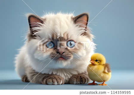 cute kitten and yellow chick, isolated on blue background cute kitten and yellow chick, isolated on blue background 114359595