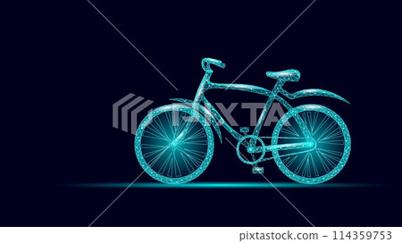 3D e-bike low poly design. Modern transport delivery. Outdoor sport activity eco friendly bike polygonal poster vector illustration 114359753