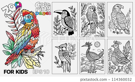 A book of children's coloring pages featuring birds. The pages are designed for kids and come in a set of six 114360032