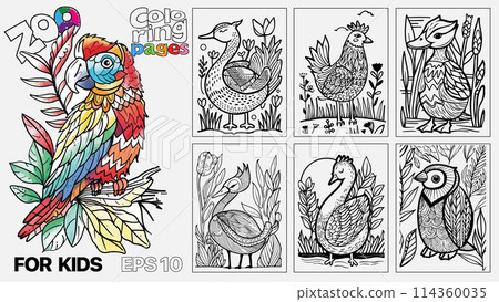 A book of children's coloring pages featuring birds. The pages are designed for kids and come in a set of six 114360035