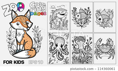 A set of six cat coloring pages for kids. The pages feature different types of sea animals and are designed for children to color. Kindle. POD. A set of six cat coloring pages for kids. The pages feature different types of sea animals and are designed for children to color. Kindle. POD. 114360061