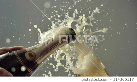 Champagne being poured into a glass in closeup view 114360117