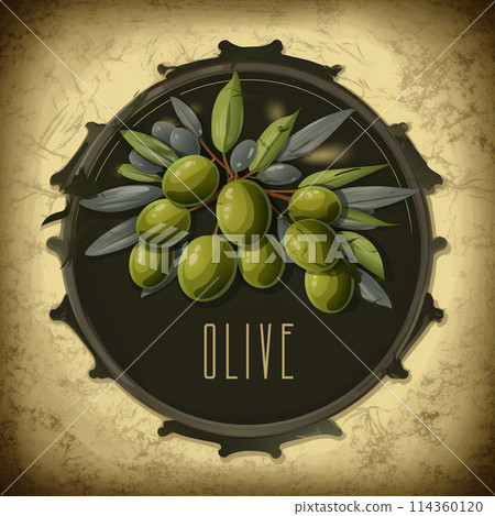 Vintage Olive Label Design on Aged Background 114360120