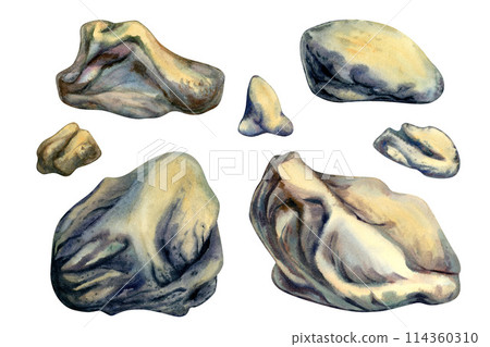 Stone illuminated by the sun on a mountainside or on the seabed. Watercolor illustration as a design template for landscape, horoscope, alchemy, magic, Halloween. Image isolated on white background 114360310