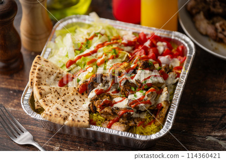 famous ameican halal food, chicken over rice 114360421