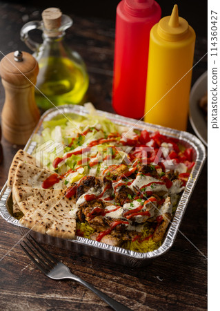 famous ameican halal food, chicken over rice famous ameican halal food, chicken over rice 114360427
