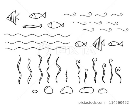 Set of Underwater elements. Different Fishes, Seaweeds and Stones, laminaria algae and Sea Waves isolated on background. Vector hand drawn illustration in Doodle style. Marine underwater design 114360432